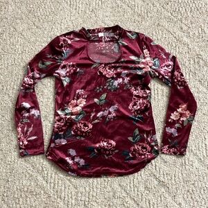 Floral Velvet Long Sleeve Top with Front Keyhole